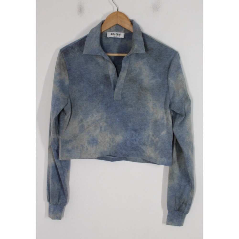 Blue & Cream XXS Tie Dye Crop Long Sleeve Collared Shirt Top
